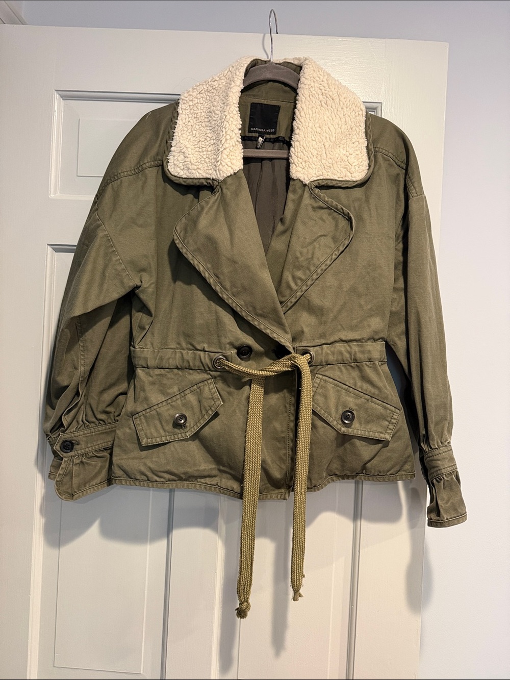 Marissa Webb Olive Green Utility Jacket with Cream Sherpa Collar